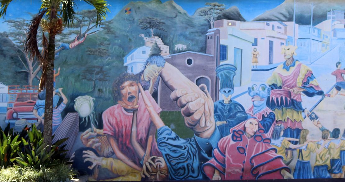 Mural en el barrio Santander que cuenta la historia de violencia y construcción social que ha vivido el sector. Foto: Carlos Mario Cano R.